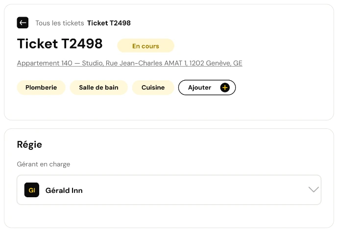 Ticket detail with assignment and status